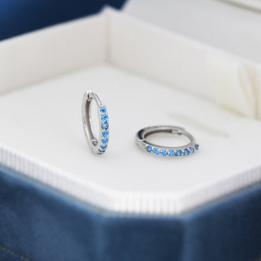 Aquamarine Blue CZ Huggie Hoop in Sterling Silver,  8mm Inner Diameter, Stacking Earrings, March Birthstone