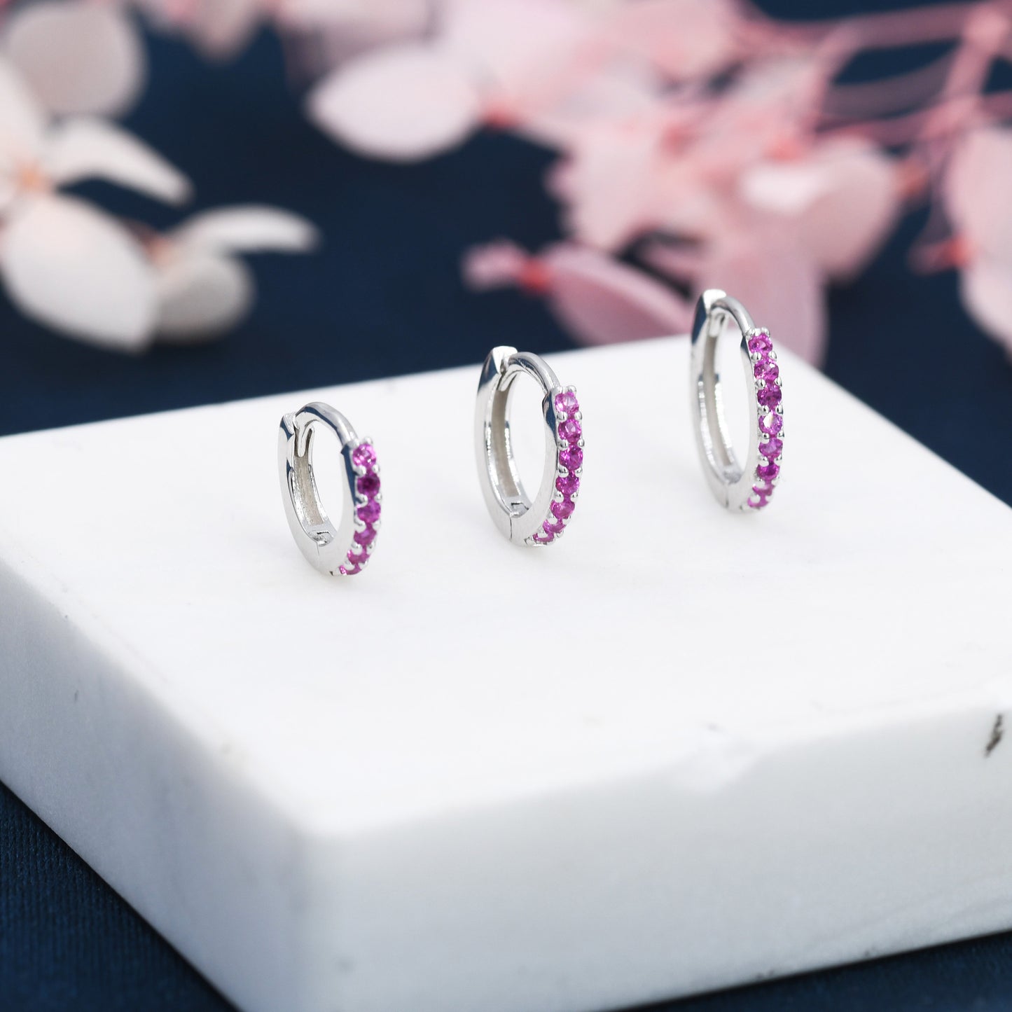 Ruby Red CZ Crystal Huggie Hoops in Sterling Silver, Silver or Gold, 6mm, 7mm and 8mm Minimalist Hoop Earrings, Pink Ruby July Birthstone