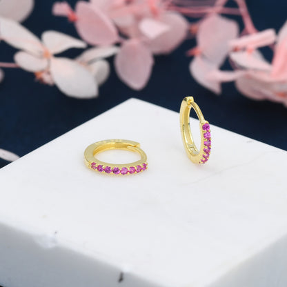 Ruby Red CZ Crystal Huggie Hoops in Sterling Silver, Silver or Gold, 6mm, 7mm and 8mm Minimalist Hoop Earrings, Pink Ruby July Birthstone