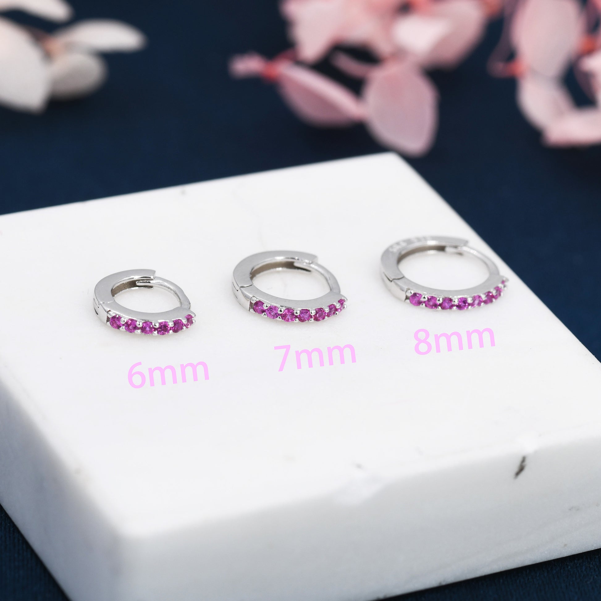 Ruby Red CZ Crystal Huggie Hoops in Sterling Silver, Silver or Gold, 6mm, 7mm and 8mm Minimalist Hoop Earrings, Pink Ruby July Birthstone