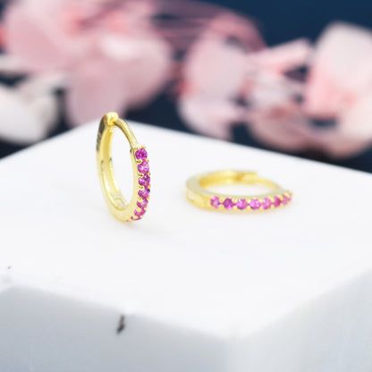 Ruby Red CZ Crystal Huggie Hoops in Sterling Silver, Silver or Gold, 6mm, 7mm and 8mm Minimalist Hoop Earrings, Pink Ruby July Birthstone
