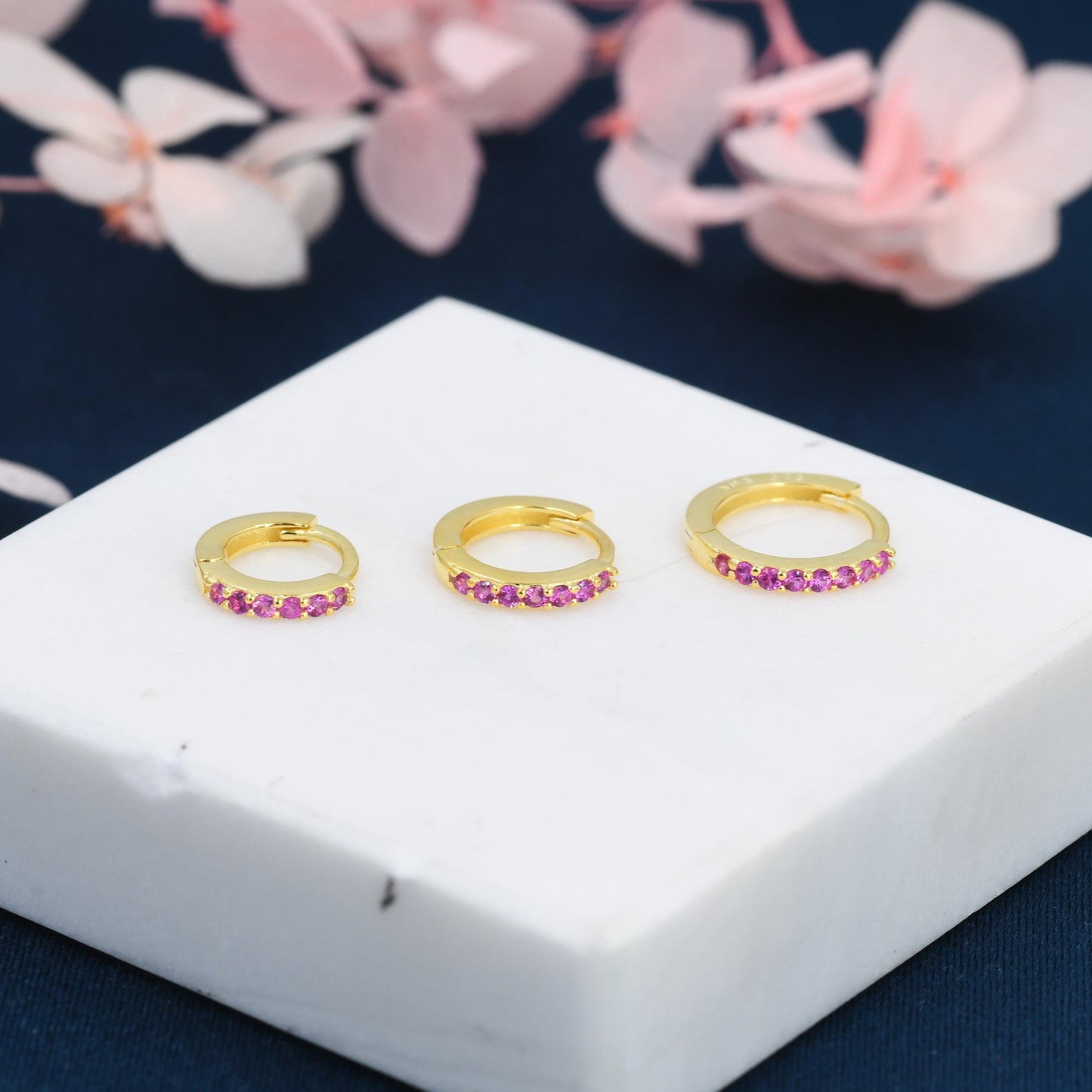 Ruby Red CZ Crystal Huggie Hoops in Sterling Silver, Silver or Gold, 6mm, 7mm and 8mm Minimalist Hoop Earrings, Pink Ruby July Birthstone