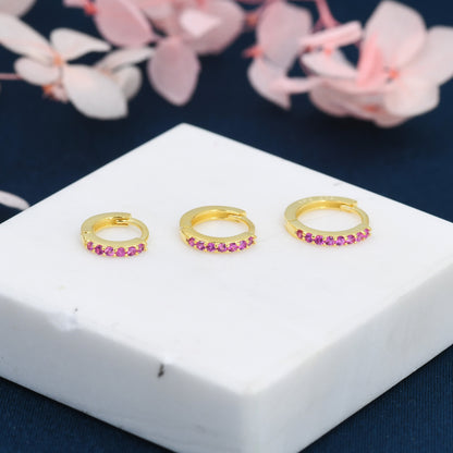 Ruby Red CZ Crystal Huggie Hoops in Sterling Silver, Silver or Gold, 6mm, 7mm and 8mm Minimalist Hoop Earrings, Pink Ruby July Birthstone