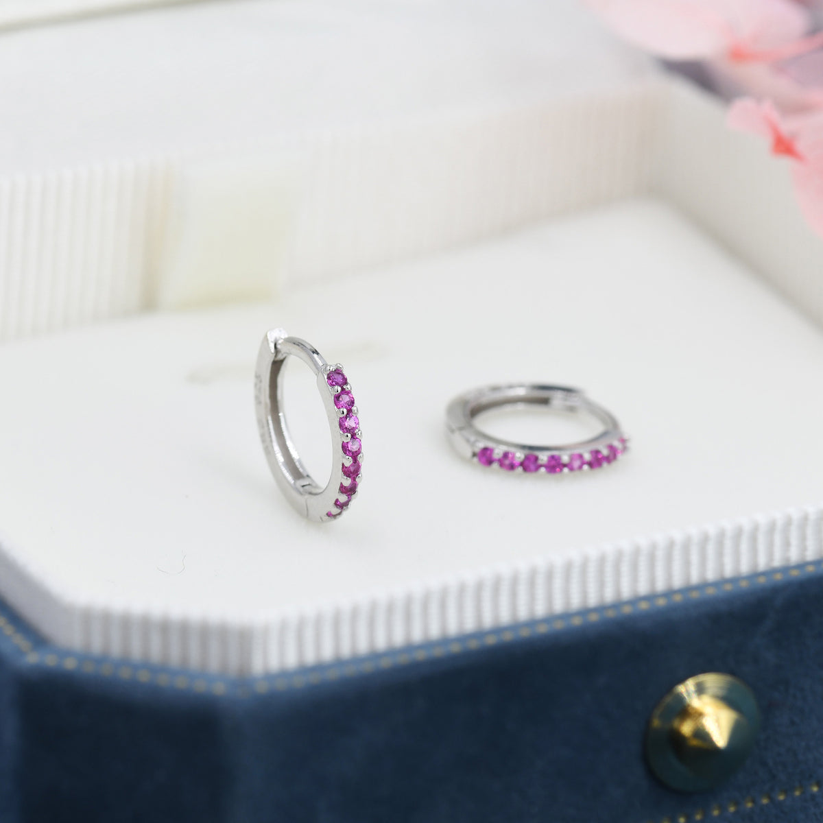 Ruby Red CZ Crystal Huggie Hoops in Sterling Silver, Silver or Gold, 6mm, 7mm and 8mm Minimalist Hoop Earrings, Pink Ruby July Birthstone