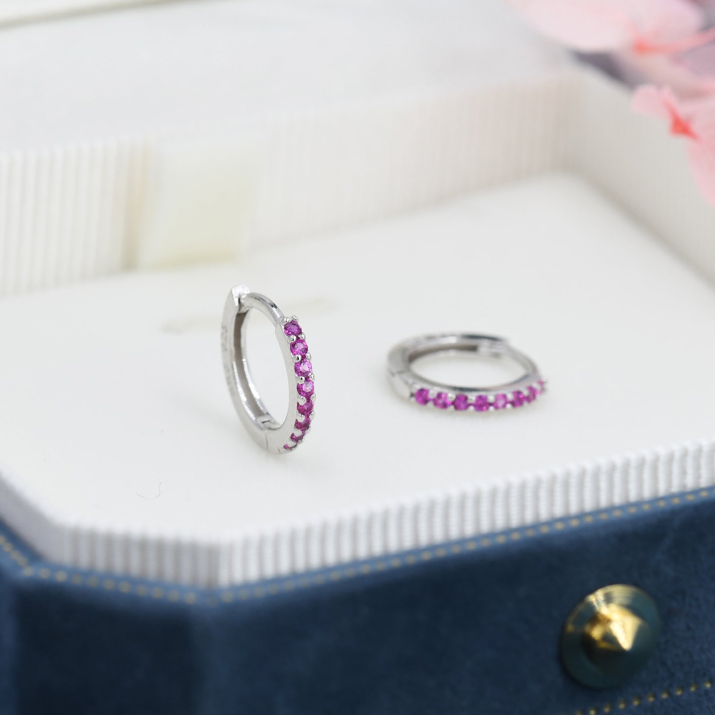 Ruby Red CZ Crystal Huggie Hoops in Sterling Silver, Silver or Gold, 6mm, 7mm and 8mm Minimalist Hoop Earrings, Pink Ruby July Birthstone