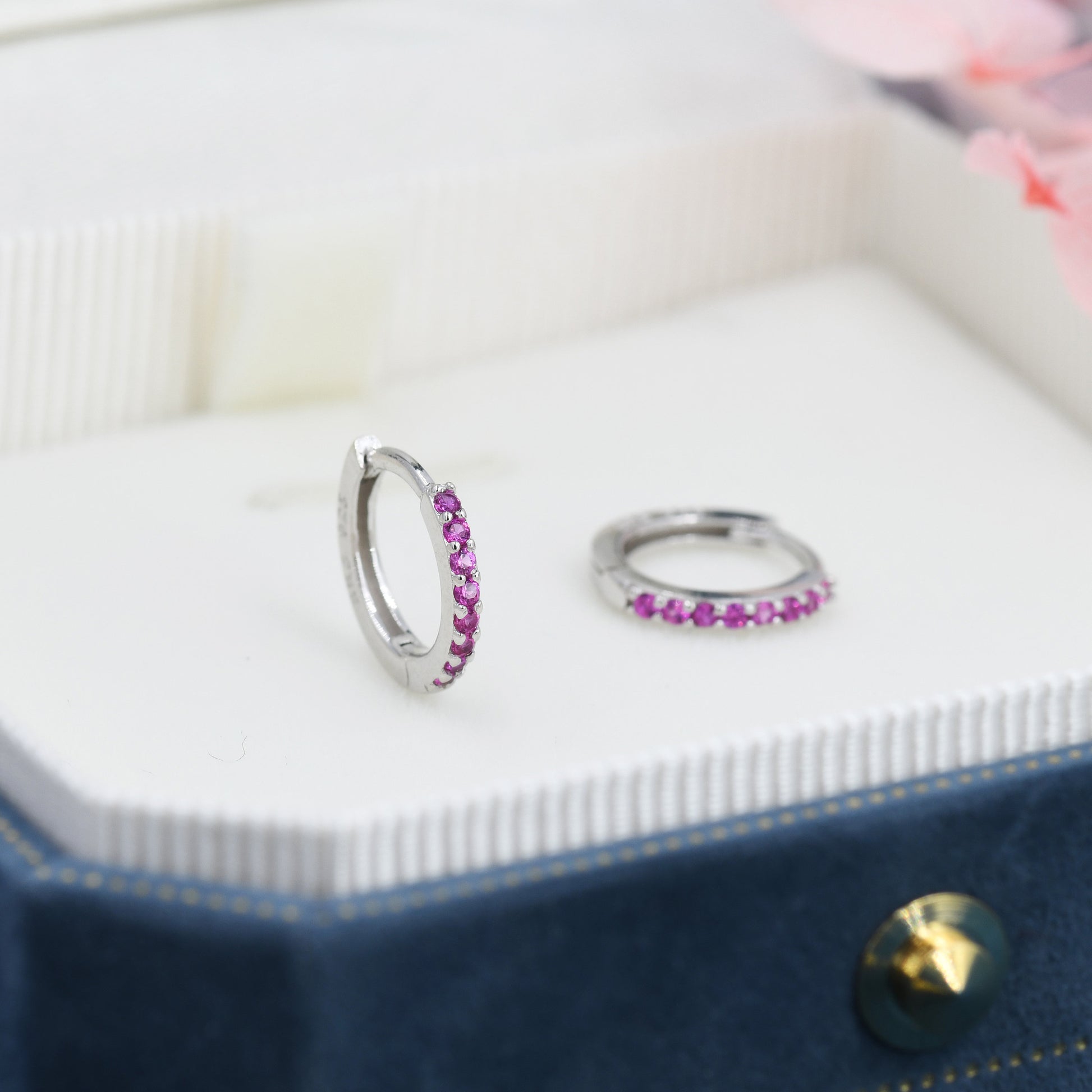 Ruby Red CZ Crystal Huggie Hoops in Sterling Silver, Silver or Gold, 6mm, 7mm and 8mm Minimalist Hoop Earrings, Pink Ruby July Birthstone