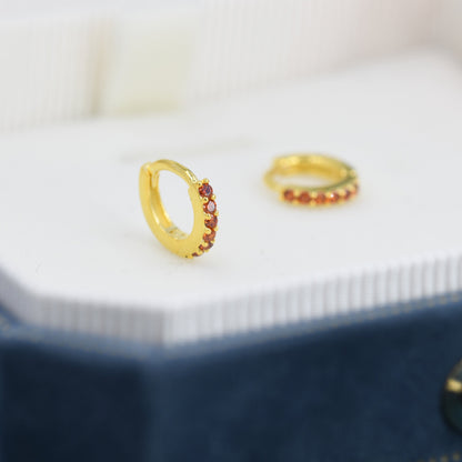 Garnet Red CZ Crystal Huggie Hoops in Sterling Silver, Silver or Gold, 6mm, 7mm and 8mm Minimalist Hoop Earrings, January Birthstone