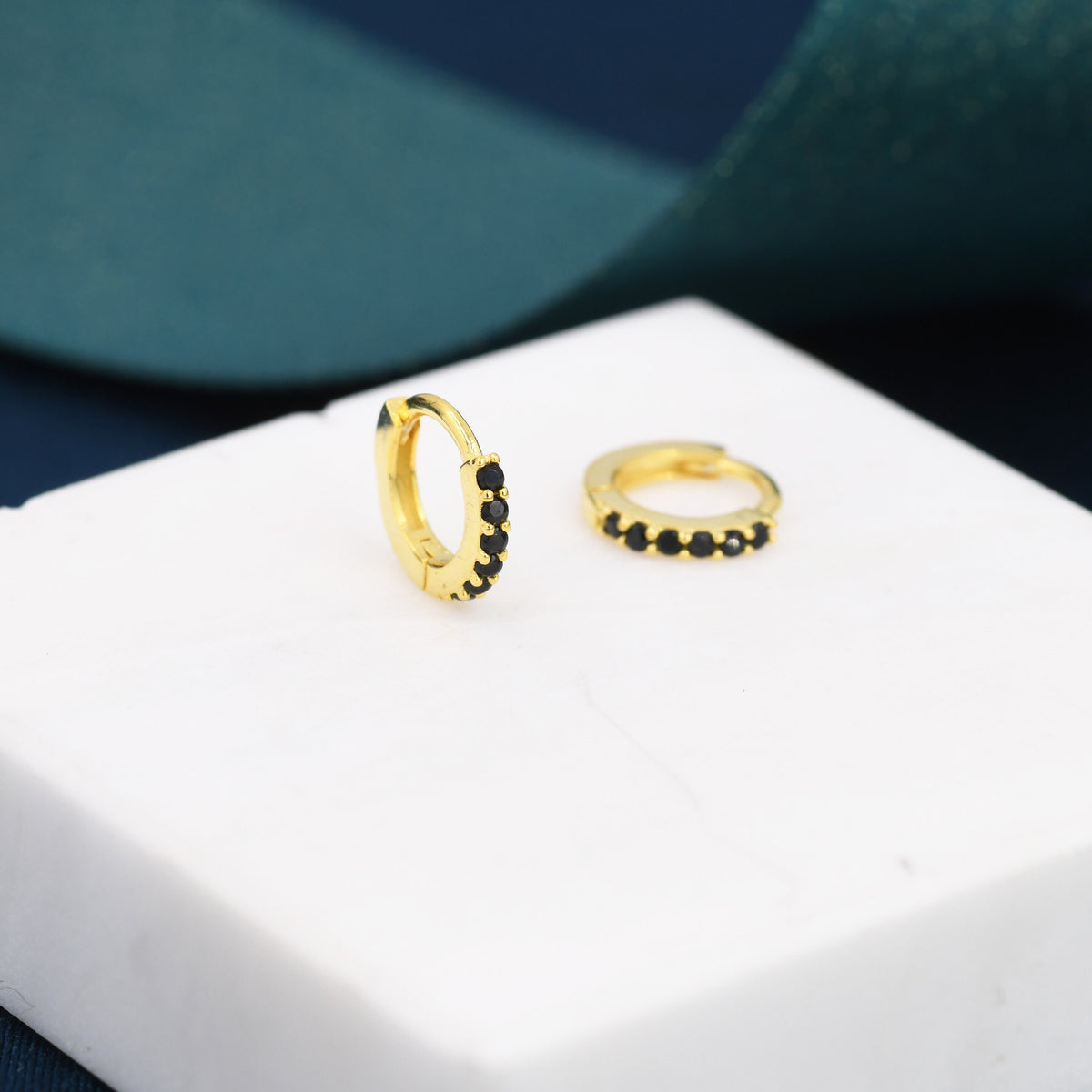 Onyx Black CZ Crystal Huggie Hoops in Sterling Silver, Silver or Gold, 6mm, 7mm and 8mm Minimalist Hoop Earrings