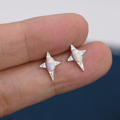 Opal Four Point Star Stud Earrings in Sterling Silver - Gold or Silver - Small Opal Star Stud, North Star Earrings, Celestial Earrings