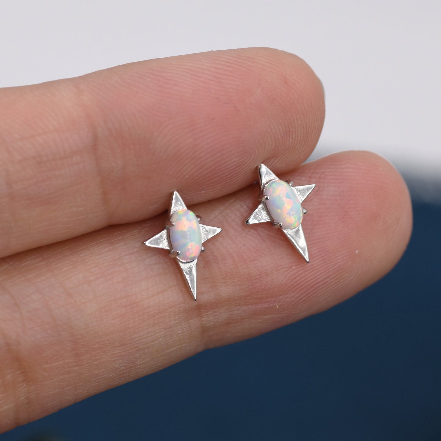 Opal Four Point Star Stud Earrings in Sterling Silver - Gold or Silver - Small Opal Star Stud, North Star Earrings, Celestial Earrings