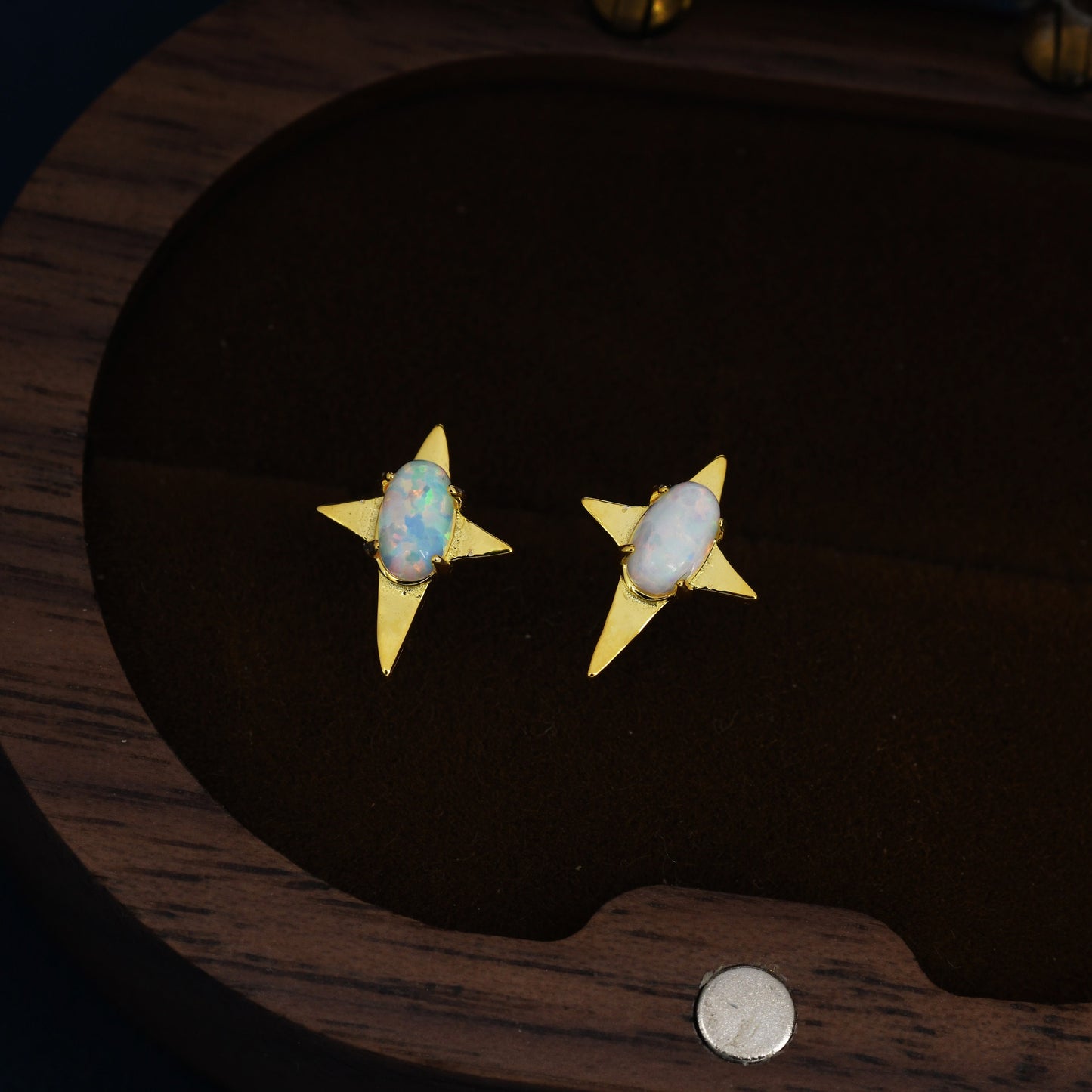 Opal Four Point Star Stud Earrings in Sterling Silver - Gold or Silver - Small Opal Star Stud, North Star Earrings, Celestial Earrings