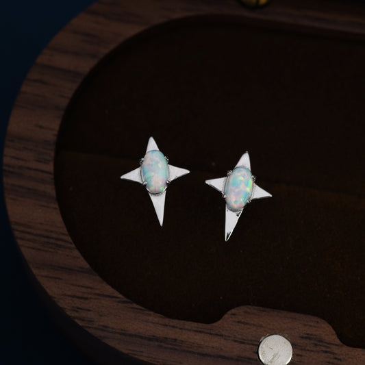 Opal Four Point Star Stud Earrings in Sterling Silver - Gold or Silver - Small Opal Star Stud, North Star Earrings, Celestial Earrings