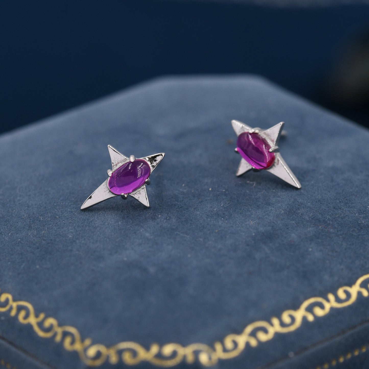 Ruby Red Four Point Star Stud Earrings in Sterling Silver - Lab Ruby - Small Star Stud, North Star Earrings, Celestial Earrings