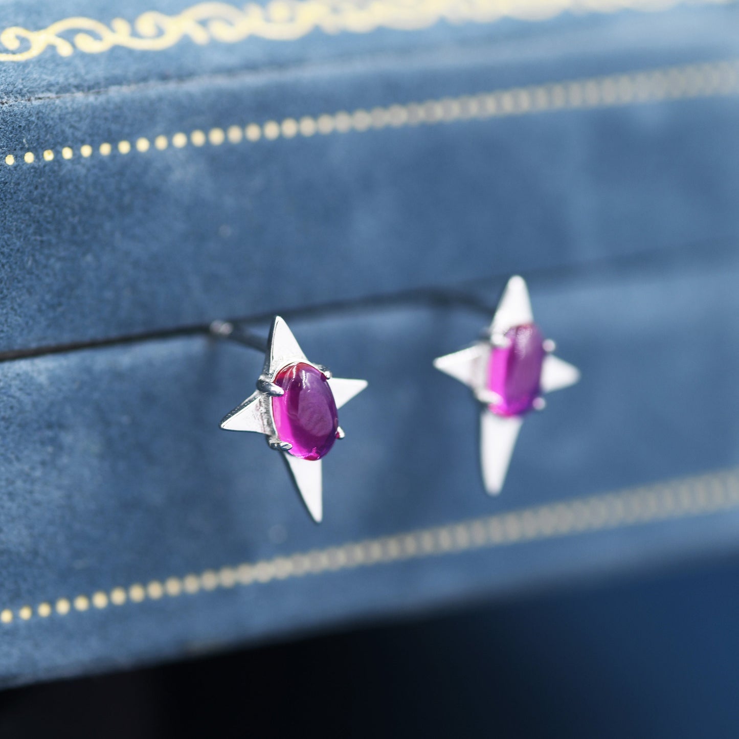 Ruby Red Four Point Star Stud Earrings in Sterling Silver - Lab Ruby - Small Star Stud, North Star Earrings, Celestial Earrings