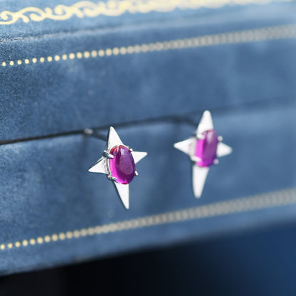 Ruby Red Four Point Star Stud Earrings in Sterling Silver - Lab Ruby - Small Star Stud, North Star Earrings, Celestial Earrings