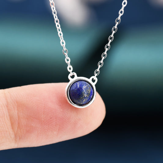 Sterling Silver Tiny Lapis Lazuli Pendant Necklace, 6mm Lapis Necklace, Blue Planet Necklace, Dainty Blue Necklace