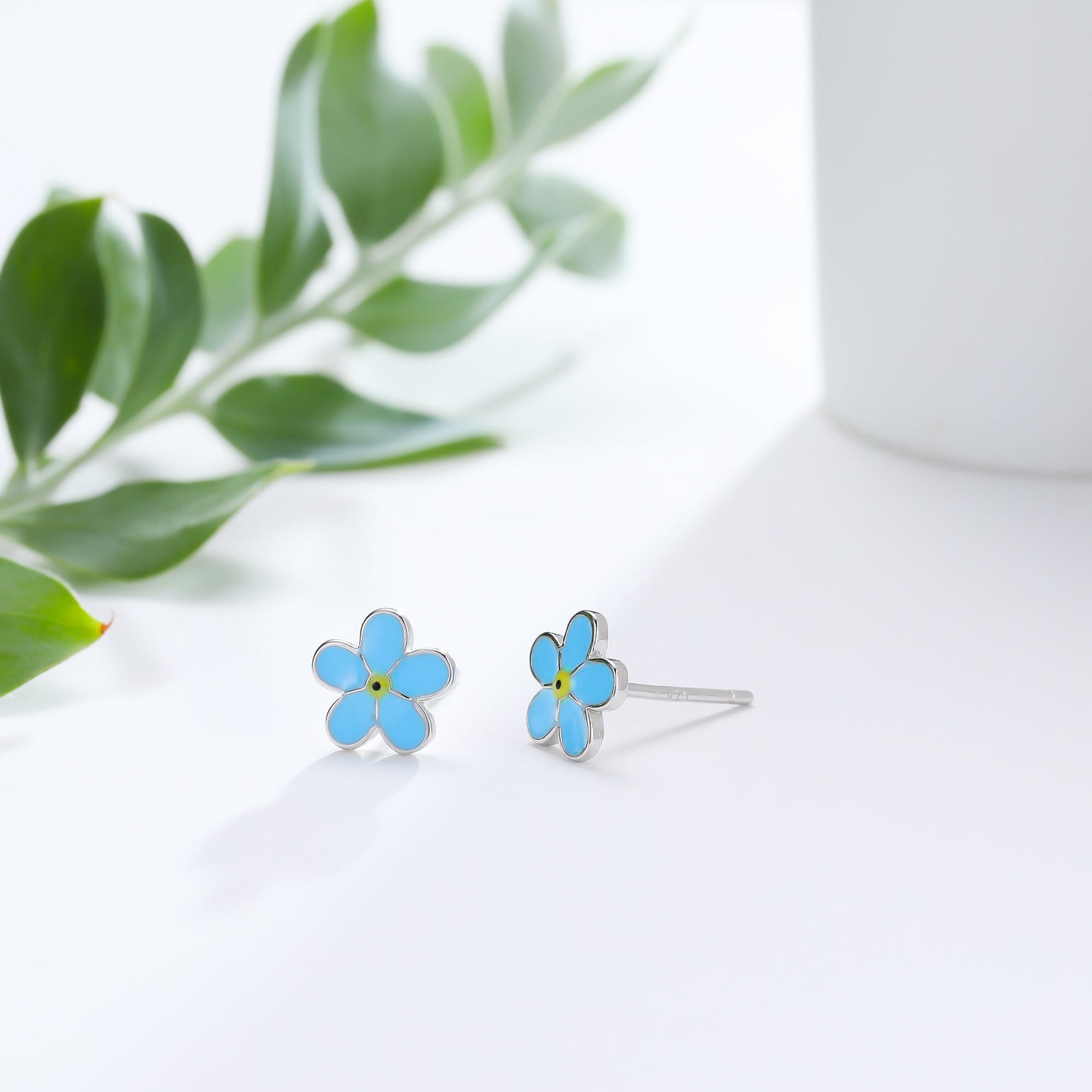 Forget-me-not Enamel Stud Earrings in Sterling Silver, Flower Earrings, Blue Blossom Earrings, Forget me not earrings