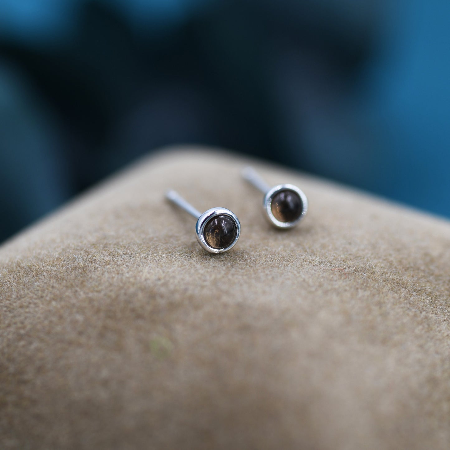 Sterling Silver Smoky Quartz Stud Earrings, 3mm Genuine Smoky Quartz Earrings, Bezel, Minimalist Style