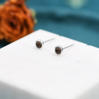 Sterling Silver Smoky Quartz Stud Earrings, 3mm Genuine Smoky Quartz Earrings, Bezel, Minimalist Style