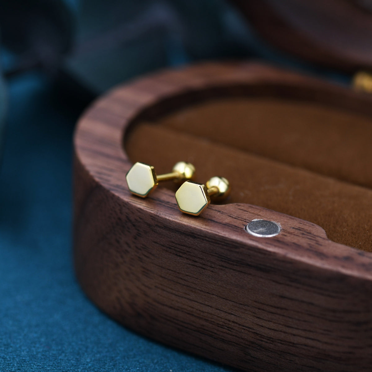Tiny Hexagon Barbell Earrings in Sterling Silver, Silver or Gold, Screw Back Black Hexagon Earrings, Screwback Earrings