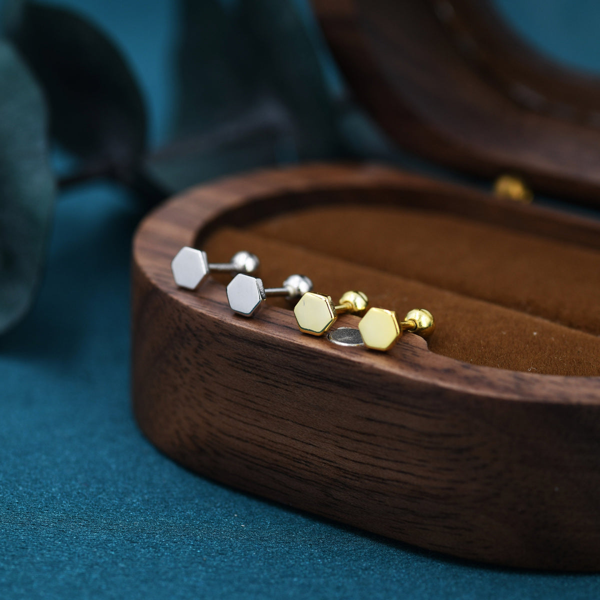 Tiny Hexagon Barbell Earrings in Sterling Silver, Silver or Gold, Screw Back Black Hexagon Earrings, Screwback Earrings