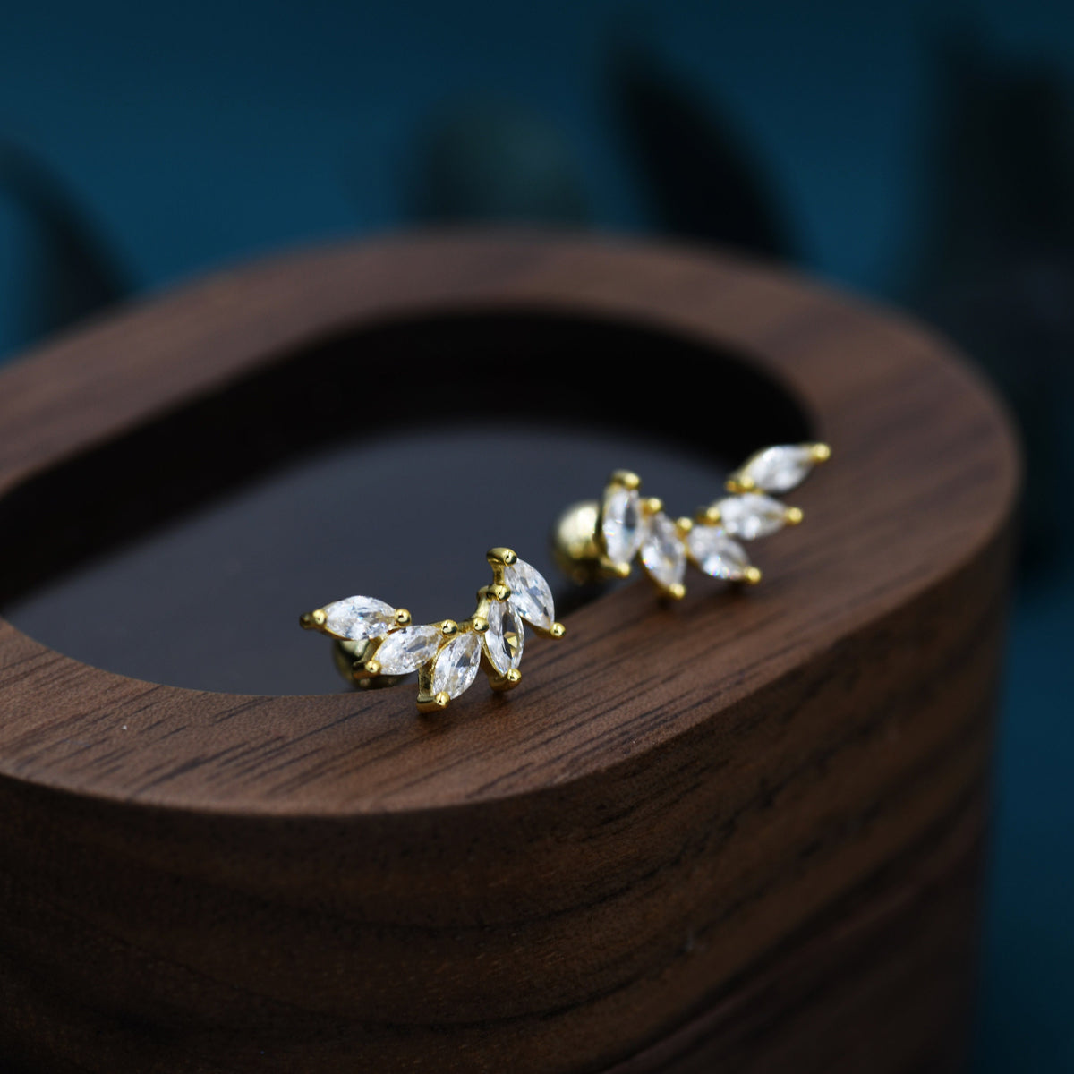 CZ Cluster Stud Earrings in Sterling Silver, Silver or Gold, Dainty Marquise Crystal Mini Crawler Earrings, Bridesmaid's Jewellery