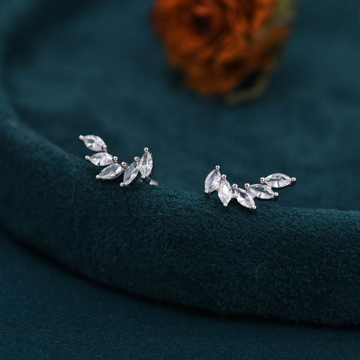 CZ Cluster Stud Earrings in Sterling Silver, Silver or Gold, Dainty Marquise Crystal Mini Crawler Earrings, Bridesmaid's Jewellery