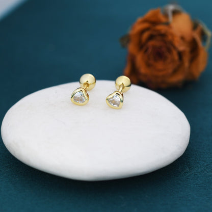 Extra Tiny CZ Heart Screwback Earrings in Sterling Silver, Silver or Gold, Screw Back Heart Crystal Earrings, Screwback Earrings