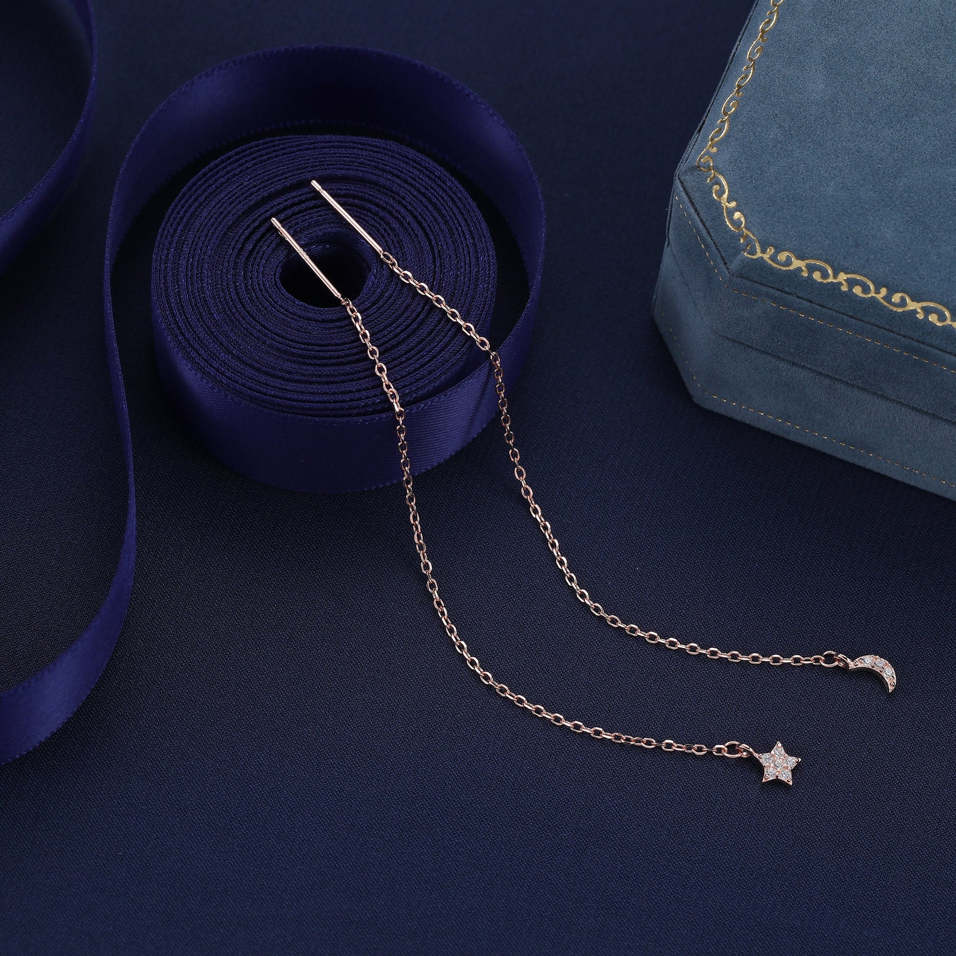 Asymmetric Tiny Moon and Star CZ Threader Earrings in Sterling Silver, Silver, Gold or Rose Gold, Moon and Star Ear Threaders