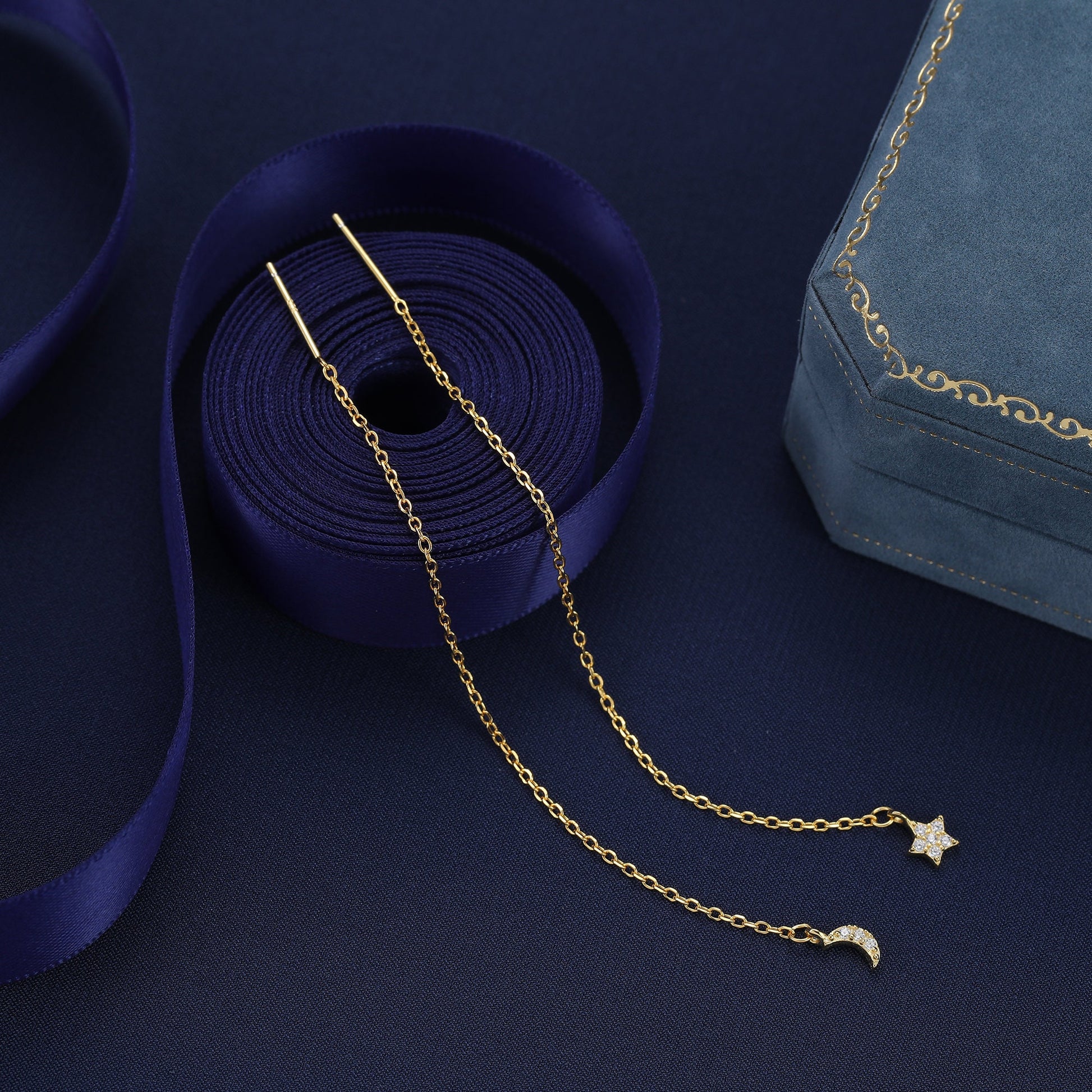 Asymmetric Tiny Moon and Star CZ Threader Earrings in Sterling Silver, Silver, Gold or Rose Gold, Moon and Star Ear Threaders