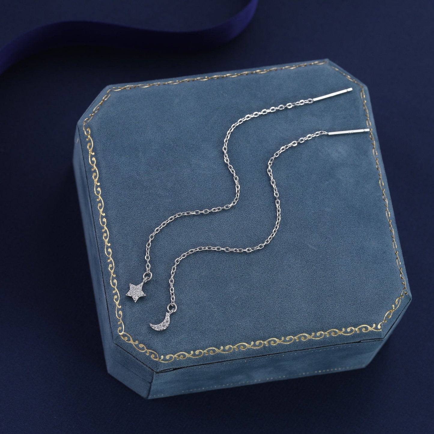 Asymmetric Tiny Moon and Star CZ Threader Earrings in Sterling Silver, Silver, Gold or Rose Gold, Moon and Star Ear Threaders