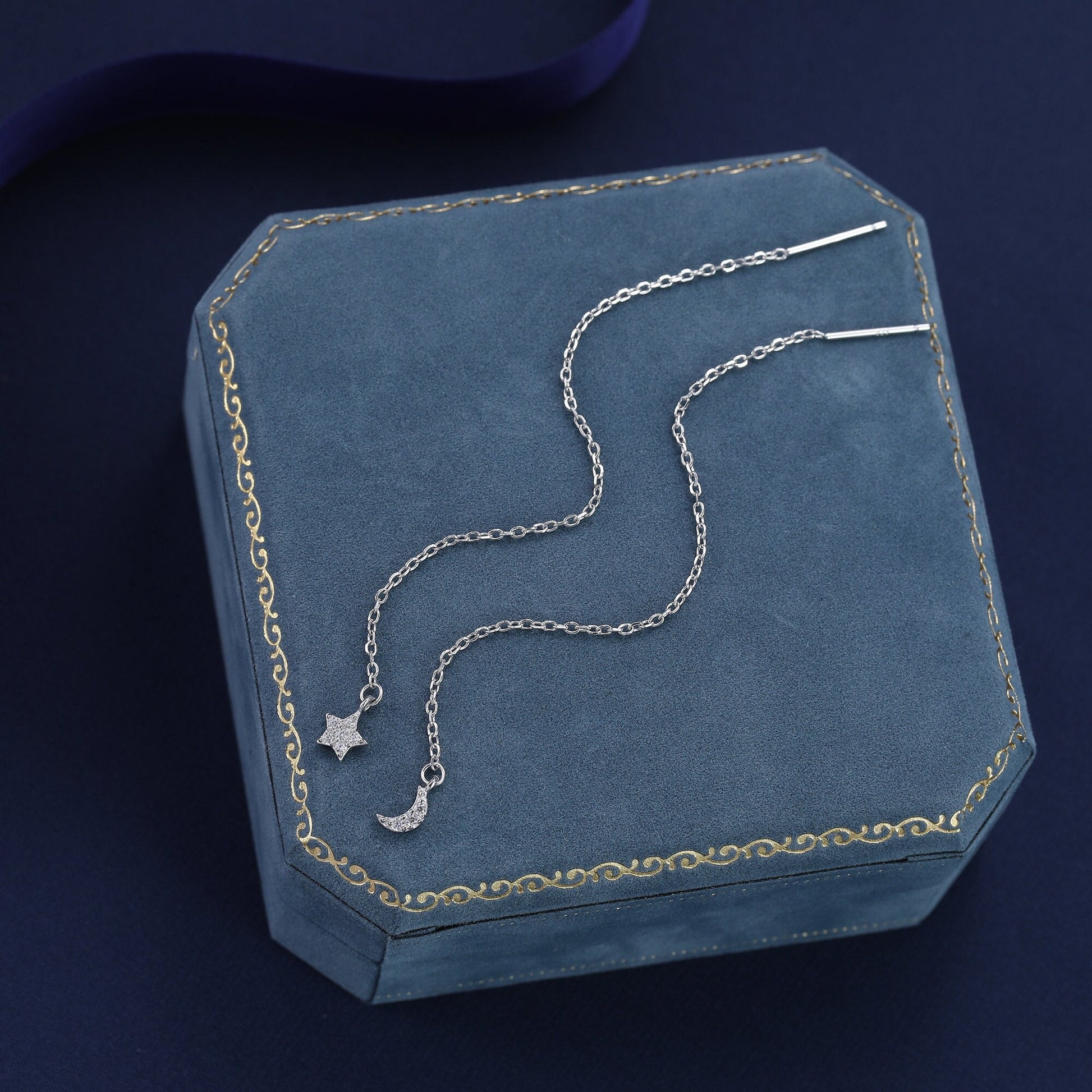 Asymmetric Tiny Moon and Star CZ Threader Earrings in Sterling Silver, Silver, Gold or Rose Gold, Moon and Star Ear Threaders