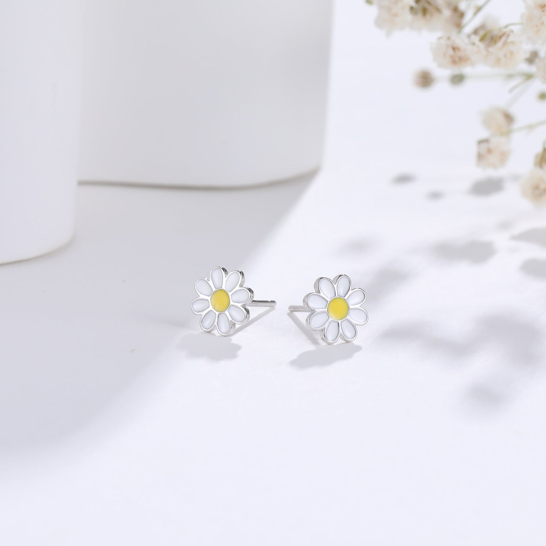 Enamel Daisy Flower Stud Earrings in Sterling Silver, Daisy Flower Earrings, Tiny Flower Earrings