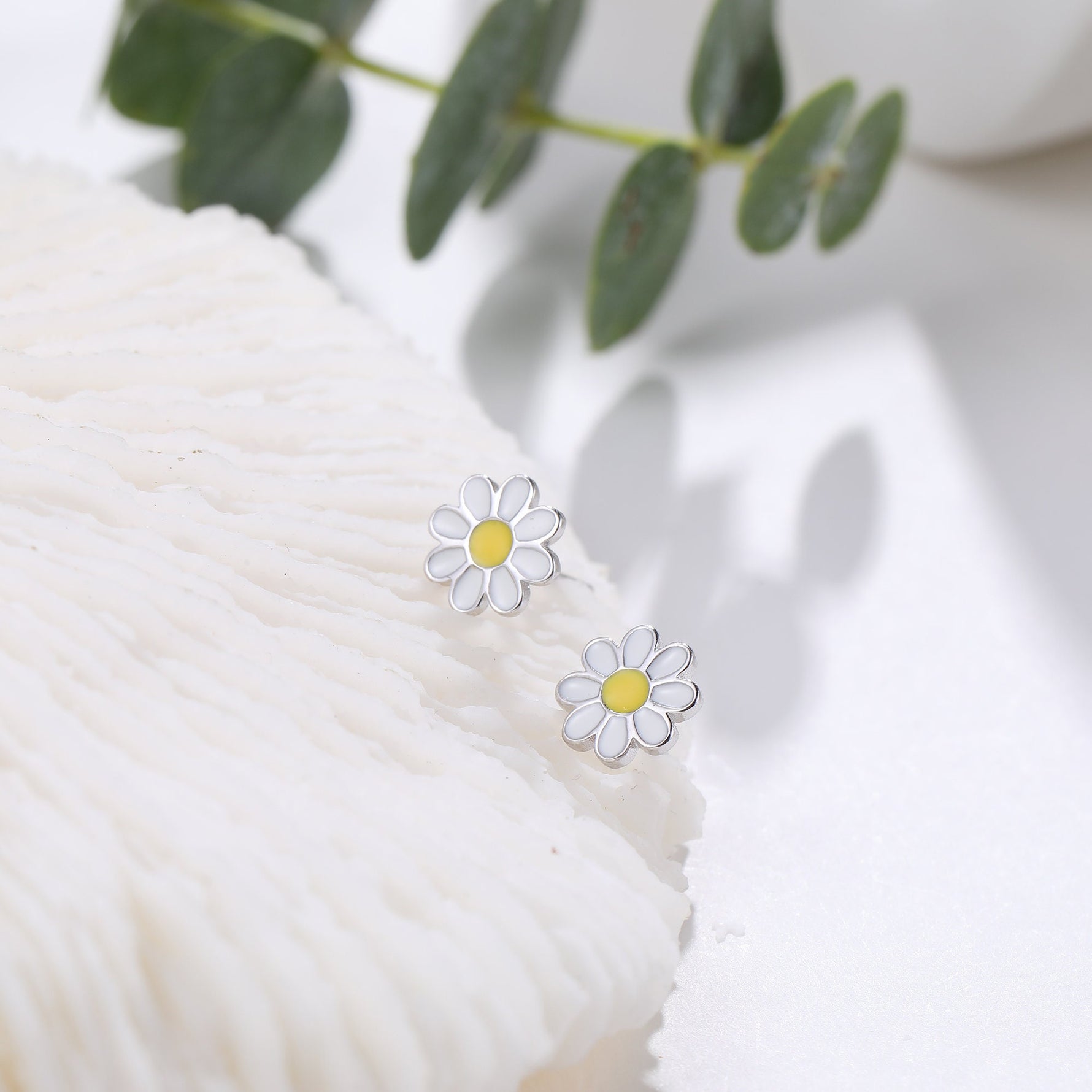 Enamel Daisy Flower Stud Earrings in Sterling Silver, Daisy Flower Earrings, Tiny Flower Earrings