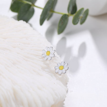 Enamel Daisy Flower Stud Earrings in Sterling Silver, Daisy Flower Earrings,  Tiny Flower Earrings