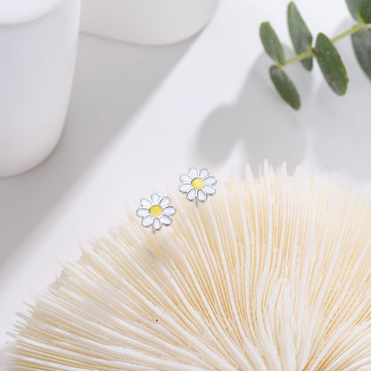 Enamel Daisy Flower Stud Earrings in Sterling Silver, Daisy Flower Earrings,  Tiny Flower Earrings