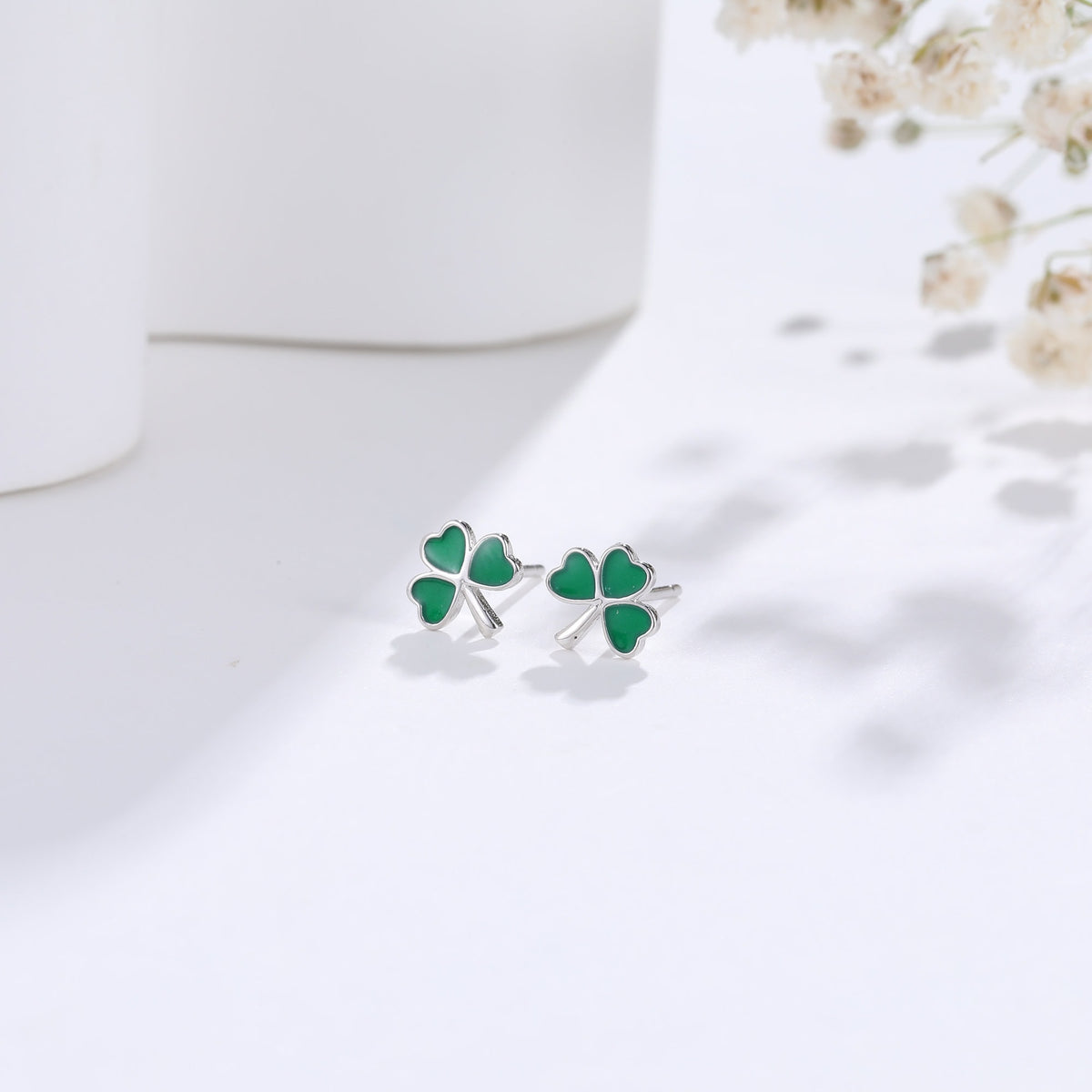 Shamrock Leaf Enamel Stud Earrings in Sterling Silver, Silver or Gold, Flower Earrings, Clover Earrings, Good Luck Gift