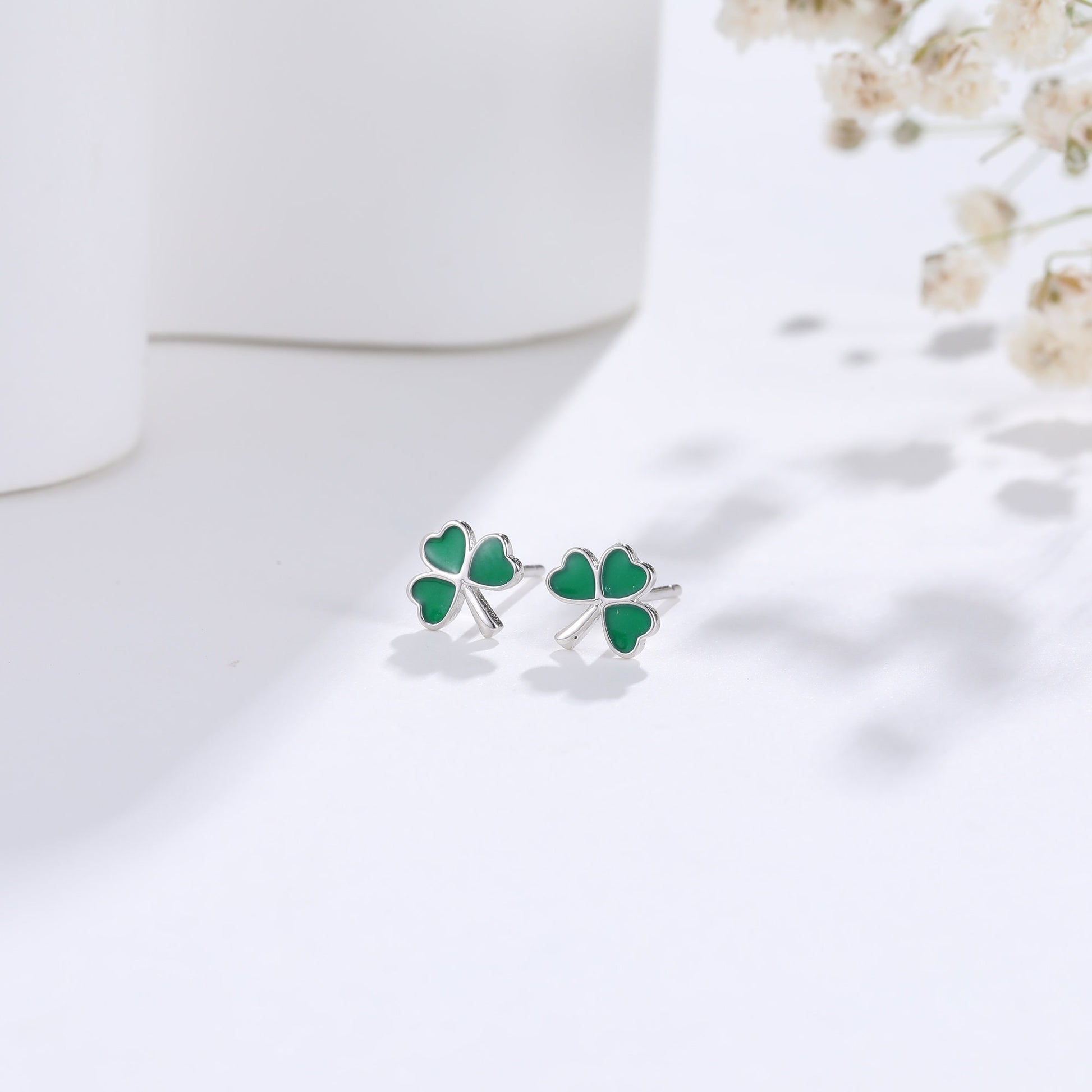 Shamrock Leaf Enamel Stud Earrings in Sterling Silver, Silver or Gold, Flower Earrings, Clover Earrings, Good Luck Gift