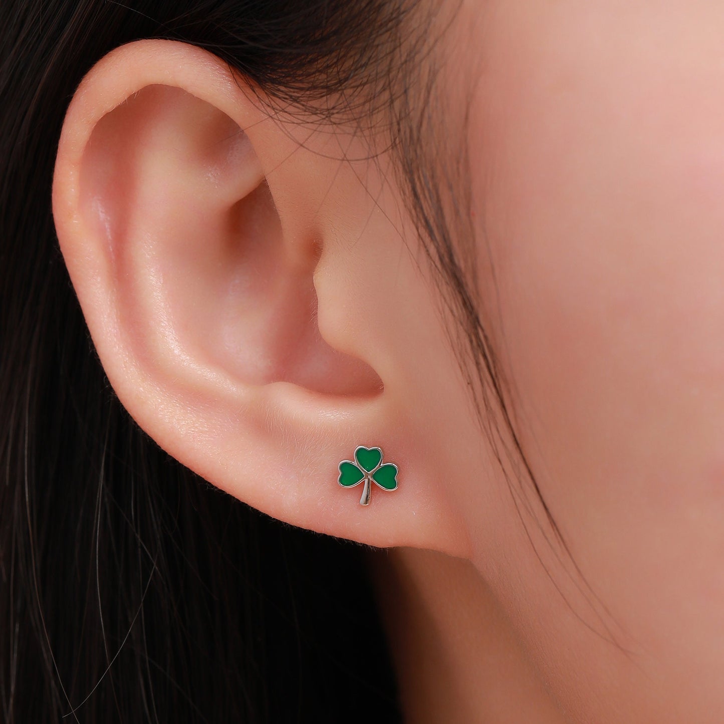 Shamrock Leaf Enamel Stud Earrings in Sterling Silver, Silver or Gold, Flower Earrings, Clover Earrings, Good Luck Gift