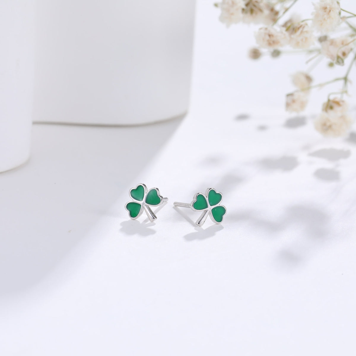 Shamrock Leaf Enamel Stud Earrings in Sterling Silver, Silver or Gold, Flower Earrings, Clover Earrings, Good Luck Gift
