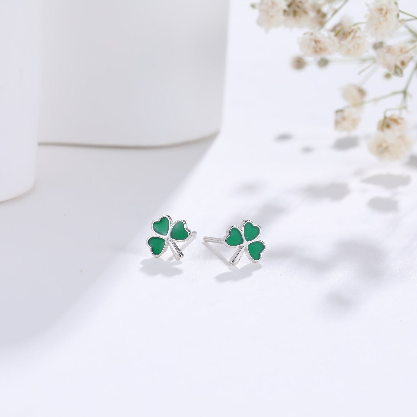 Shamrock Leaf Enamel Stud Earrings in Sterling Silver, Silver or Gold, Flower Earrings, Clover Earrings, Good Luck Gift