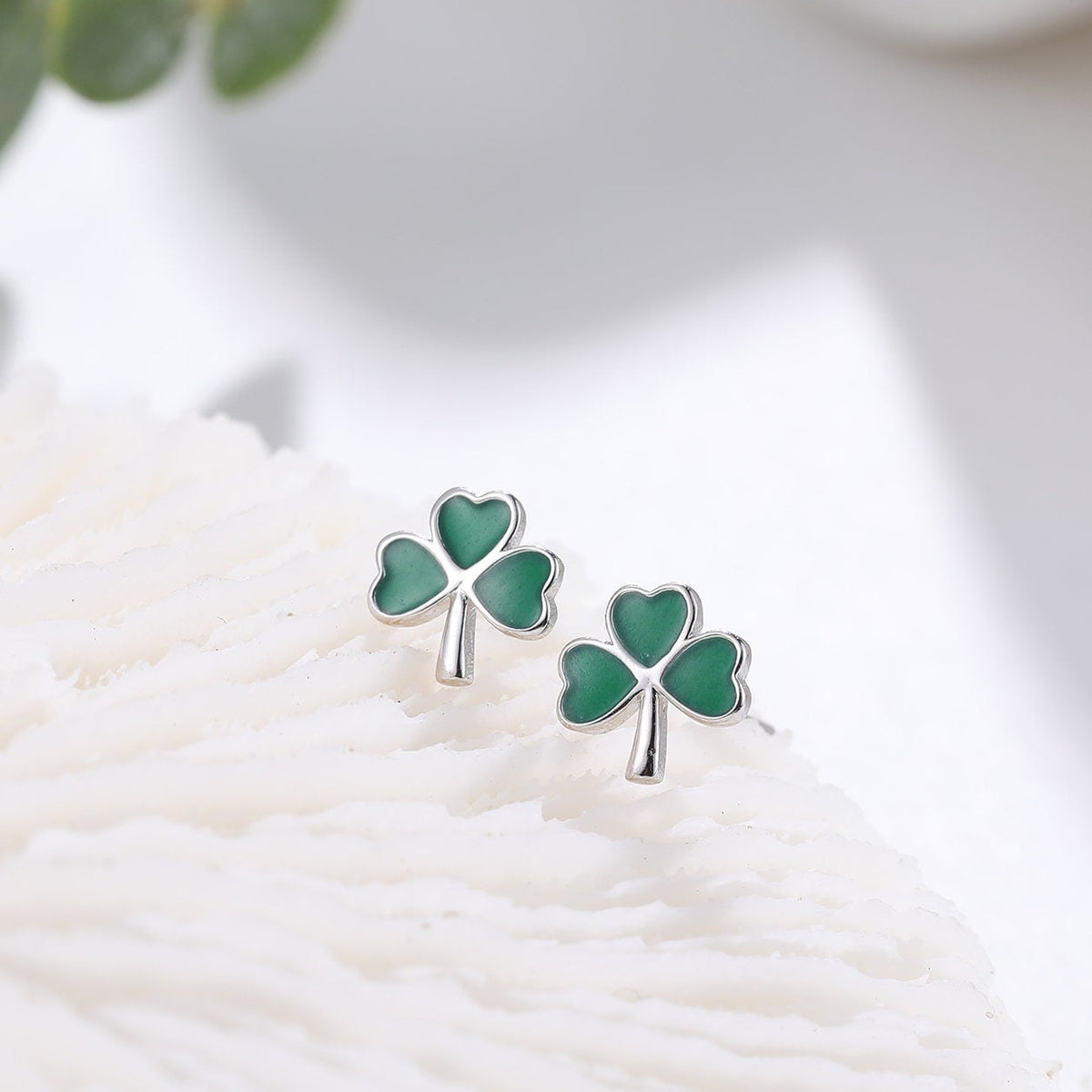 Shamrock Leaf Enamel Stud Earrings in Sterling Silver, Silver or Gold, Flower Earrings, Clover Earrings, Good Luck Gift