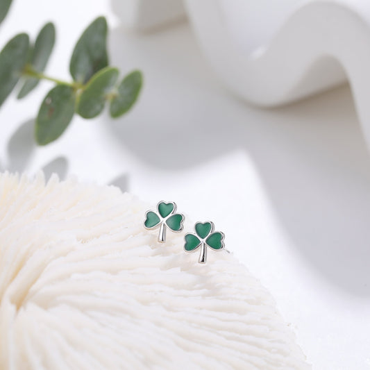 Shamrock Leaf Enamel Stud Earrings in Sterling Silver,  Silver or Gold, Flower Earrings,  Clover Earrings, Good Luck Gift