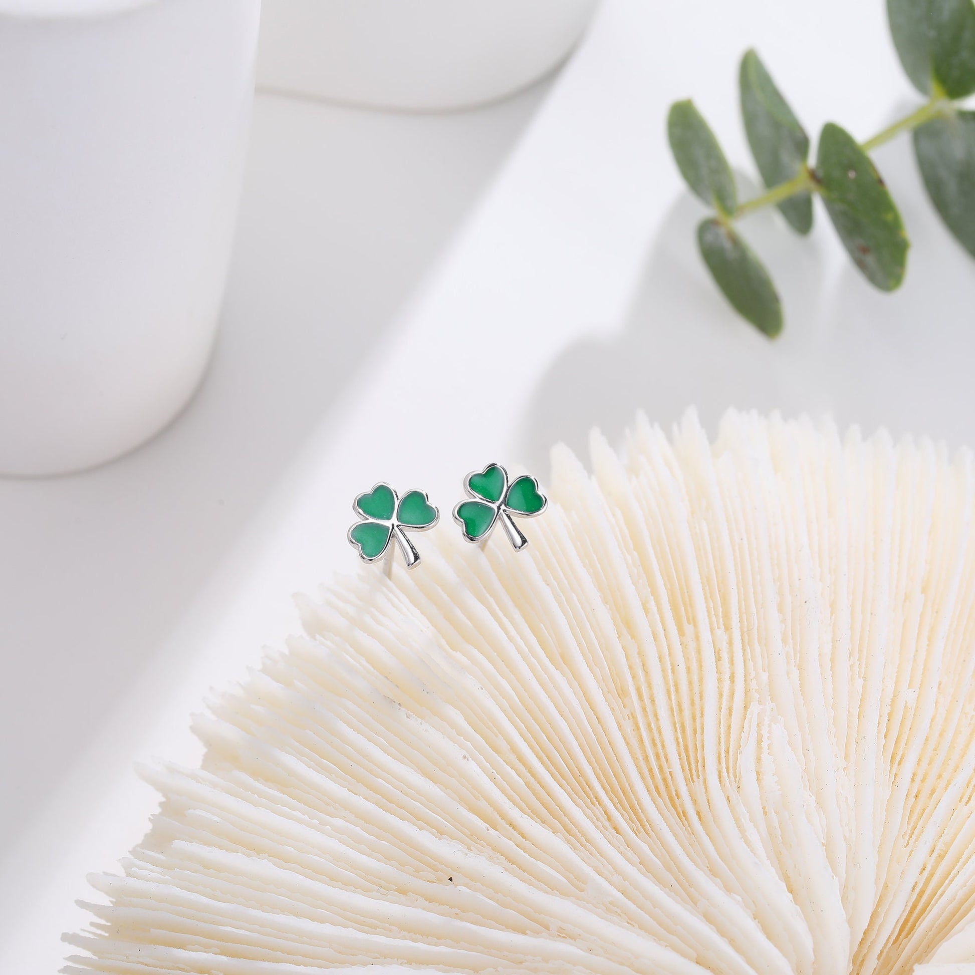 Shamrock Leaf Enamel Stud Earrings in Sterling Silver, Silver or Gold, Flower Earrings, Clover Earrings, Good Luck Gift