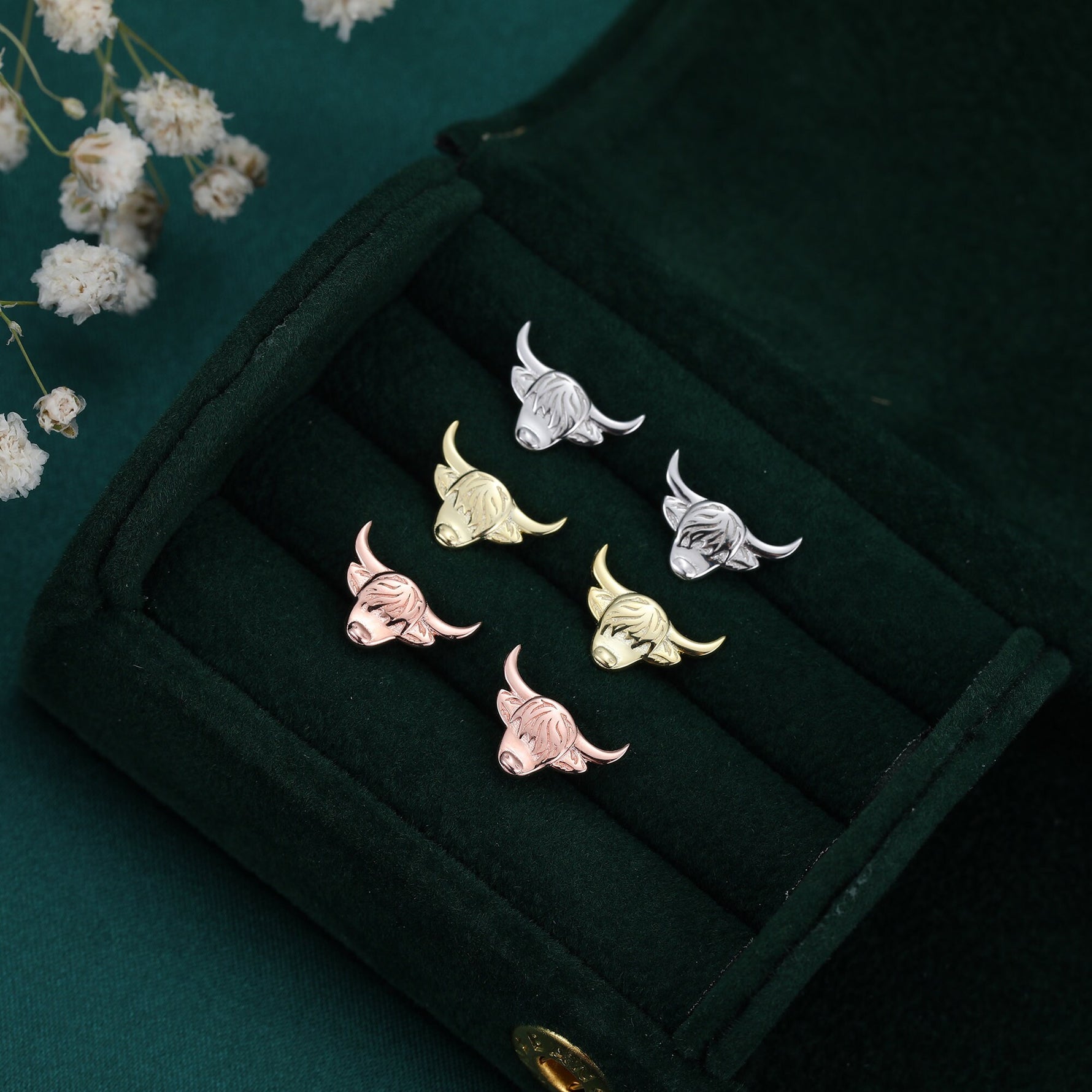 Highland Cow Stud Earrings in Sterling Silver, Silver, Gold or Rose Gold, Bull Earrings, Cow Earrings