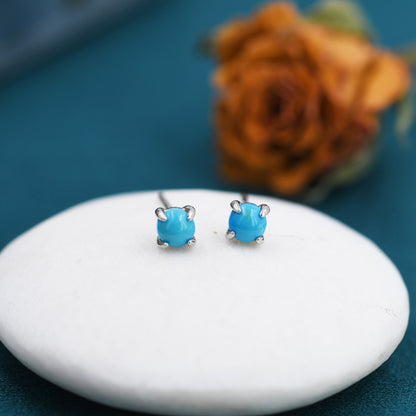 Sterling Silver Turquoise Stud Earrings, 4mm, Genuine Turquoise Gemstone Stud, Turquoise Blue 4 Prongs, Minimalist Style