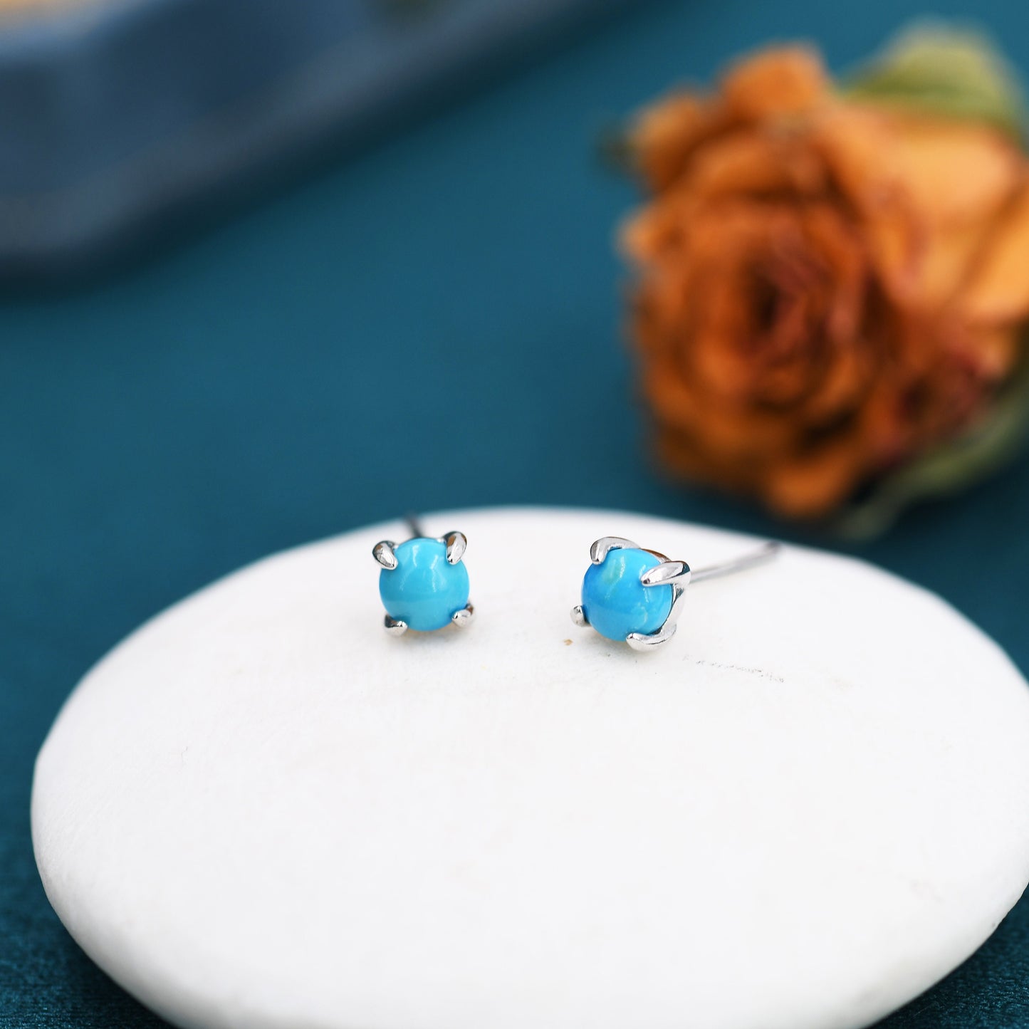 Sterling Silver Turquoise Stud Earrings, 4mm, Genuine Turquoise Gemstone Stud, Turquoise Blue 4 Prongs, Minimalist Style