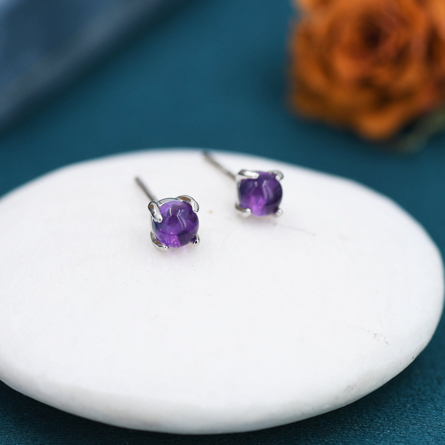 Genuine Amethyst Stud Earrings in Sterling Silver, 4mm Amethyst Crystal Earrings, Natural Purple Amethyst Earrings, Four Prong