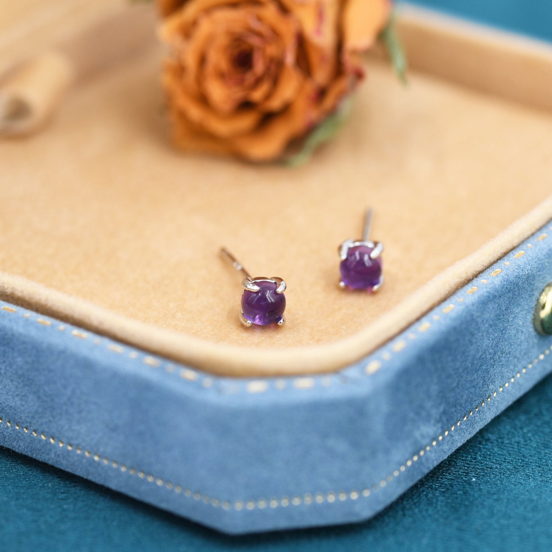 Genuine Amethyst Stud Earrings in Sterling Silver, 4mm Amethyst Crystal Earrings, Natural Purple Amethyst Earrings, Four Prong
