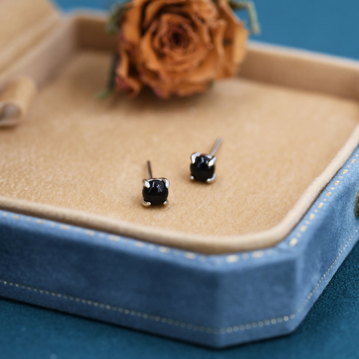 Sterling Silver Black Onyx Stud Earrings, 4mm Genuine Black Onyx Stone, Four Prong Onyx Stud, Semi-precious Jewellery